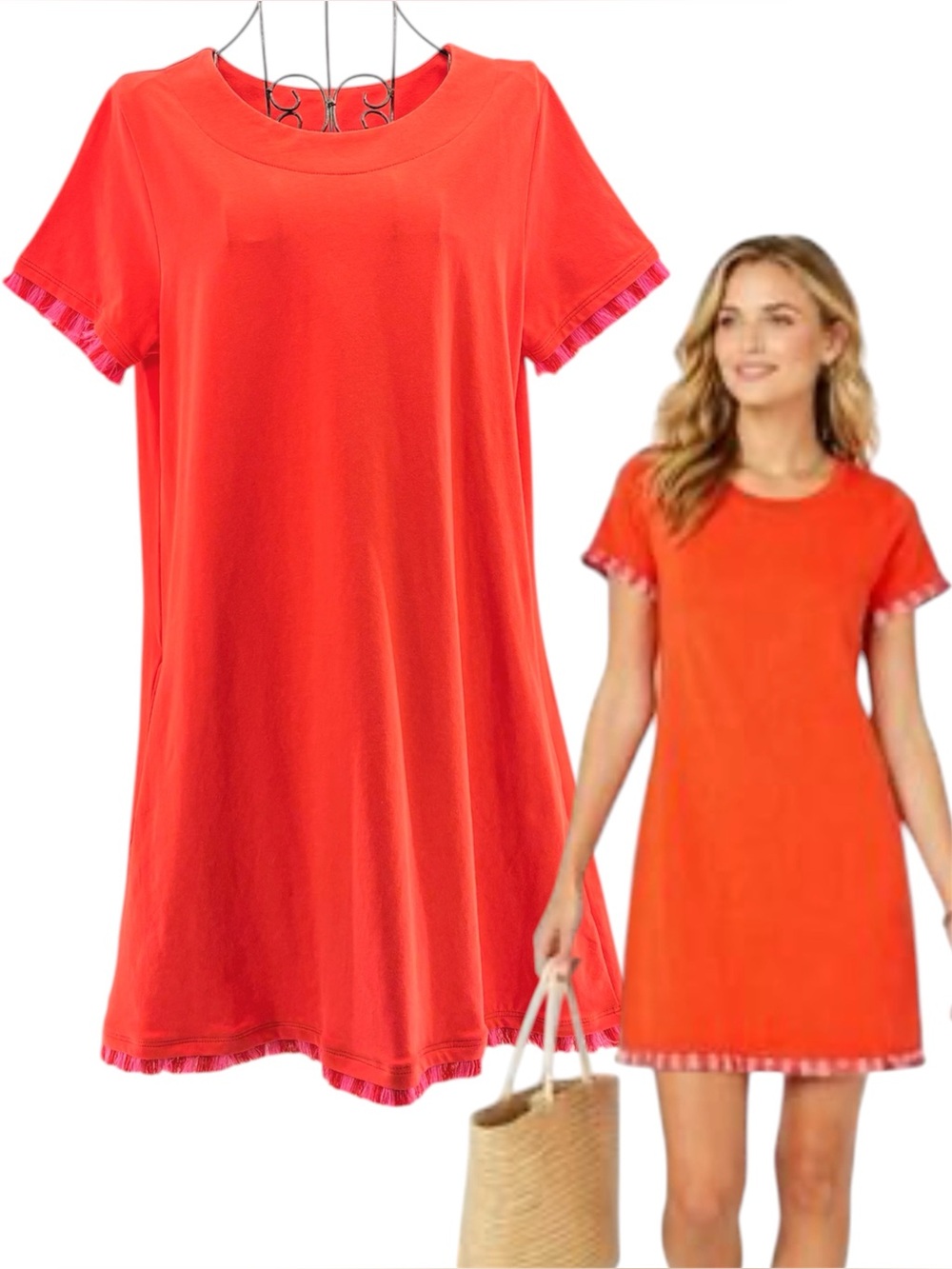Spartina 449 Island Fringe Tee Orange Mini Dress Knit Relaxed-Fit Size Medium